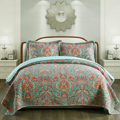 NEWLAKE Cotton Bedspread Quilt Sets-Reversible Patchwork Coverlet Set, European Gorgeous Floral Pattern, Queen Size