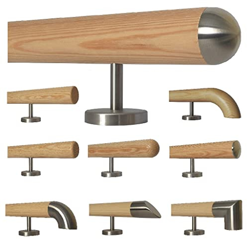 TIBU Kiefer Holz Handlauf Geländer 0,3m - 5m, Länge 110 cm, Ende Halbrunde Edelstahlkappe und 2 gerade Halter