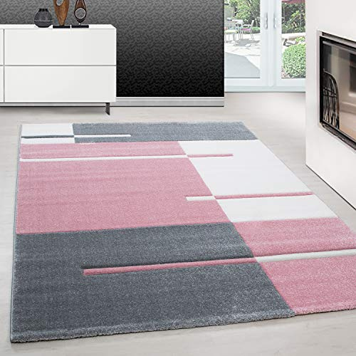 Teppium Moderner Kurzflor Teppich Wohnzimmer 120 x 170 cm Pink - Konturenschnitt Teppich Waschbar, Kariert Design, Pflegeleicht und Weich - Ideal für Schlafzimmer, Esszimer und als Küchenteppich