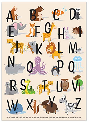 kizibi® ABC Poster mit Tieren DIN A2 | Alphabet und Buchstaben lernen | Tier Alphabet Lernposter für Kinderzimmer, Kindergarten und Vorschule, Buchstaben von A bis Z mit Tiermotiven