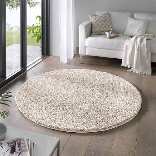 Taracarpet Shaggy Teppich Wohnzimmer Venezia Hochflor Langflor Teppiche modern Creme 150 cm rund