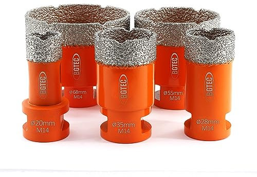 BGTEC - Set di 5 punte per trapano diamantate a secco, per piastrelle in porcellana, ceramica, marmo e mattoni, filettatura M14, per sega a tazza da 20/28/35/55/68 mm