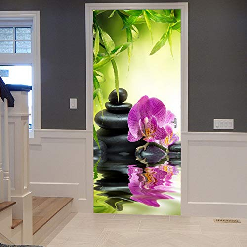 A.Monamour Türtapete Selbstklebend Türfolie Türposter 3D Yoga Meditation Zen Grüne Pflanzen Orchidee Blume Felsen Steine ​​Wasser Vinyl Folie Türdeko Tapete Wandbild Türaufkleber Türtattoo 83 x 204 cm