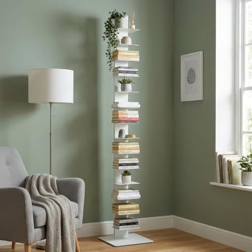 Flo.mar - Libreria a Colonna Bianca con 14 Ripiani 20x15cm - Libreria Verticale a Colonna da Terra con Base in Metallo 35x35 cm - Stretta e Alta 214 cm