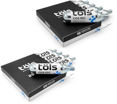 TÖLS 5 Cartuchos CO2 de 25 g | Compatibles con Valvula Presta y Schrader | Bomba CO2 Portátil como Inflador Ruedas Bici de Carretera, Ebike y Bicicleta Montaña, Plata