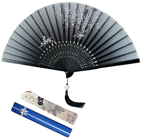 Folding Hand Fan with Lotus Pendant, Silk Fabric Handheld Fans Hand Fan Folding with Gift Box, Hollow Carved Bamboo Hand Fans for Birthday Gifts, Dancing, Performance, Wedding, Home Decoration (Black)
