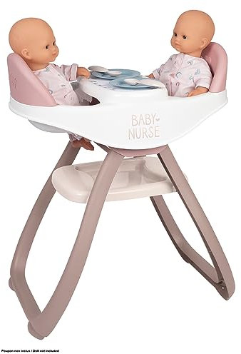 Smoby - Baby Nurse Zwillingspuppen-Hochstuhl – Puppenstuhl für Zwillinge mit Teller und Löffel, Puppen-Zubehör für Puppen bis 42 cm, für Kinder ab 2 Jahren