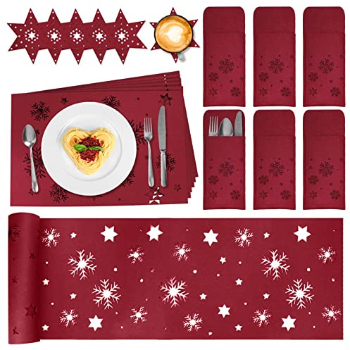 FHzytg 19 Stück Tischset Weihnachten Rot - Platzset Mit Bestecktasche, Untersetzer Und Tischläufer Aus Filz (Rot)