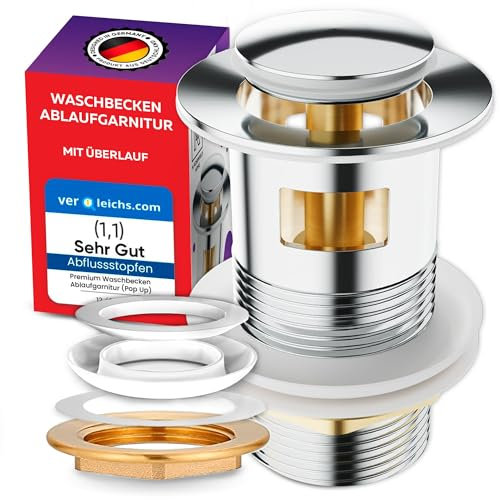 M. ROSENFELD HOME Waschbecken Ablaufgarnitur mit Überlauf mit Knopf - Chrom Ablaufventil Pop Up 1¼’’ aus Edelstahl und Messing für Waschtisch, Ablaufgarnitur Waschbecken PopUp Ventil, Einfacher Einbau