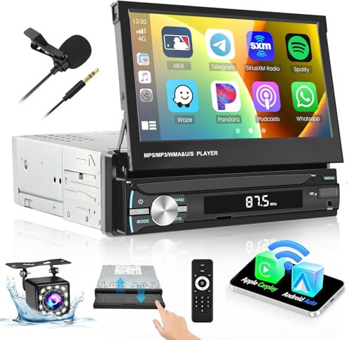 Hikity 1 DIN Radio de Coche Inalámbrico Carplay Android Auto 7 Flip out Motorizado de Pantalla Táctil con Bluetooth Manos Libres, Type-C, FM Radio, Control en el Volante, Cámara Marcha Atrás