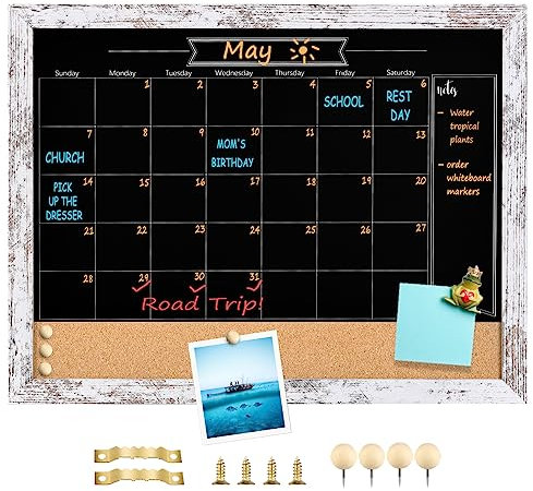 TORASO Pizarra magnética con calendario y tablero de corcho, 13 x 17 pulgadas, combinación de pizarra y tablón de anuncios, pizarra con marco blanco vintage, tablero combinado de corcho (ZHHB-Wood