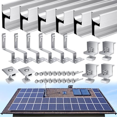 Kit Soporte Placas Solares, Soporte para Panel Solar 20cm×6 | Soporte de montaje · 6 rieles, 6 ganchos, 4 abrazaderas, 2 clips y tornillos · para techo, pared, barco y caravana