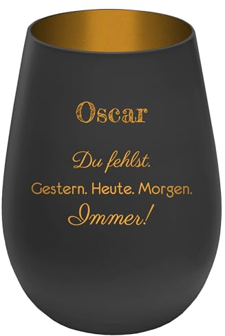 Trauerlicht Gedenklicht für Haustier mit schönem Spruch - Außen Schwarz/Innen Gold - Design 1 - personalisierbar mit Name - Höhe 12 cm - Gravur Windlicht Teelichthalter Hund Katze