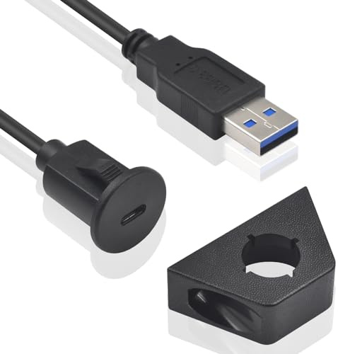 Duttek USB 3.0 Stecker auf Typ C Buchse Flush Mount Kabel, USB A auf USB C Flush Panel Mount Wasserdichtes Kabel, Verlängerungskabel mit Panel Mount für Auto LKW Boot Motorrad Armaturenbrett 1,5M