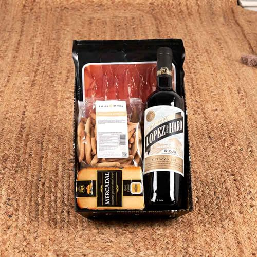 Lote de Navidad Colección Detalles DT 005-25 / con vino crianza López de Haro, jamón reserva, queso curado Mahón-Menorca y picos premium en bandeja regalo