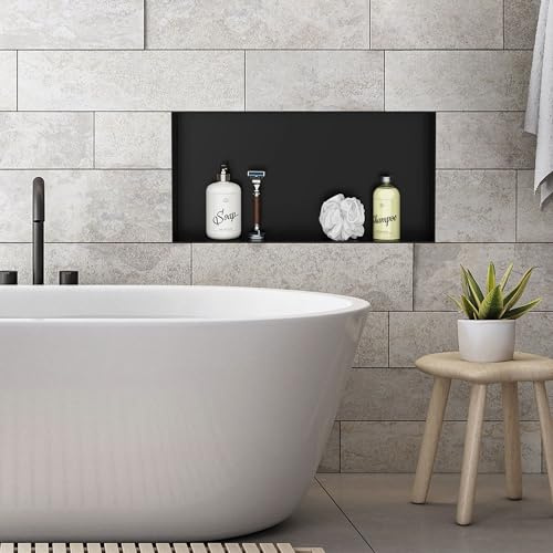 LuxeBath Niche de Douche Encastrée Murale, 60x30x10 cm, en Acier Inoxydable, Noir, sans Rebord, Étagère Encastrable Salle de Bain, Étanche, Seule Couche, Rangement Articles Toilette, Matériel Montage