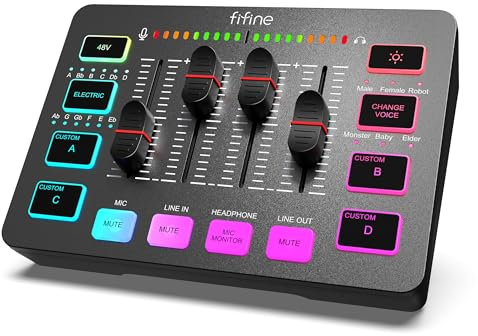 FIFINE Mixer Audio PC con Interfaccia XLR, RGB Streaming Gaming Audio Mixer, Controllo Individuale, Regolatore di Volume, Pulsante di Muto, Alimentazione Phantom 48V