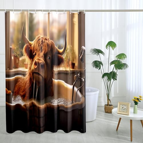 Funny Cow Shower Curtain with 12 Hooks Farmhouse Landscape Country Theme Bath Brown Polyester Room Ornaments Waterproof Decorative Bathroom Hotel Bathtub Outdoor Short Shower Curtain 72x72 Inch