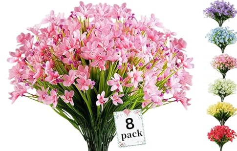 Siganorpy 8 Bundles Artificial Daffodils Flowers, UV Resistant Faux Plastic Greenery Plants, No Fade Fake Floral Decor for Wedding Bouquet Home Garden Kitchen Office Table Vase Outdoor (Pink)