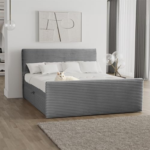 Kaiser Möbel - Bett 140x200 cm, Boxspringbett mit Bettkasten und Topper, Cord Schlafzimmerbett, Doppelbett mit Stauraum und Gepolstertes Kopfteil, Toppermatratze aus Viscoschaum - Trento - Dunkelgrau