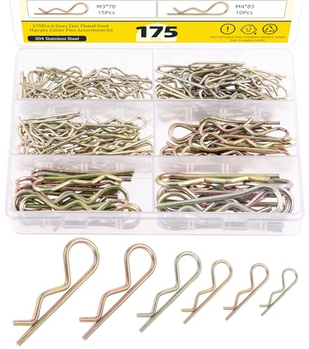 Mardatt 175Pcs 6 Sizes Cotter Pins, Zinc Plated Steel Hitch Pin Clips R Clips Hairpin Cotter Pin R Cotter Pins Fastener for Lawn Mower Machinery Garage