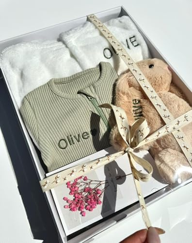 Personalised Baby Gift Set with Box or Without for Baby Boy or Baby Girl, Perfect for Baby Shower Gifts & Christenings with Gift Message Card Ready to Gift (Option 4, 0-3 Months)