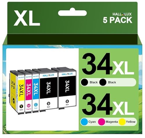 HALLOLUX 34 34XL Druckerpatronen kompatibel für Epson 34 XL 34XL Patronen Multipack für Epson Workforce Pro WF-3720DWF WF-3725DWF WF-3720 WF-3725 WF3720 WF3725 (Schwarz,Cyan,Magenta,Gelb, 5er-Pack)
