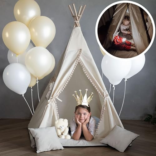 PaLulli® Tipi Zelt für Kinder aus 100% Baumwolle mit Kuschelmatte, Anti-Kollaps-System [Stabil], Camping-Hängelampe & 2 Dekokissen, Tippi Kinderzelt Teepee Spielzelt (BEIGE)