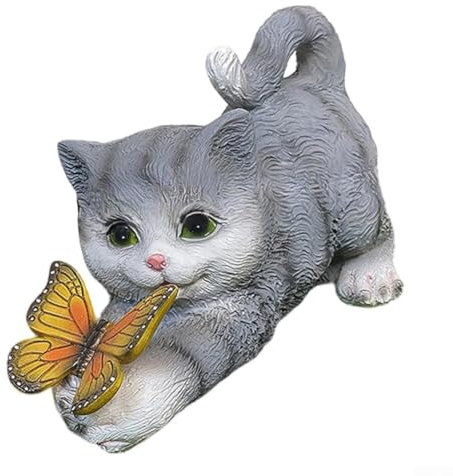 HpLive Solar Katzen Schmetterlings Statue mit LED-Licht, Katzenfigur für den Garten, Dekoration für die Terrasse im Freien, Garten und Hof(Grau)