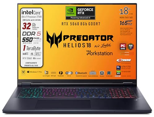 Acer Predator Helios 18Ai Notebook Gaming, Intel ULTRA 9 275HX, Display IPS 18 WQXGA 165Hz, Nvidia Geforce RTX 5060 8Gb GDDR7, Win 11Pro, Ready to use