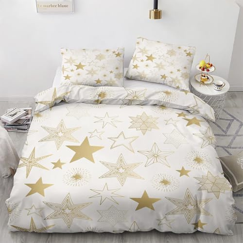 Housse de Couette 140x200 Étoile - Decoration Étoile, Parure de Lit 1 Personne Étoiles Doré Flocon de Neige, Linge de Lit en Microfibre Douce avec Fermeture éclair, 1 Taie d'oreiller 65x65 cm I*&290