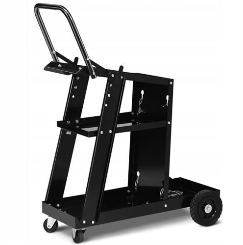 Steel Welding Cart Welding Trolley Welder Handle Angled Top 3 Shelves Black 80kg（4 Wheels）
