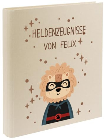 Zeugnismappe mit Namen personalisiert aus Leinen Schulkind Geschenk zur Einschulung Motiv Superheld (Beige, Löwe)