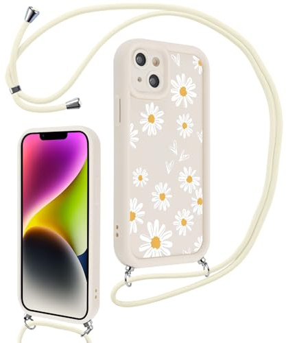 Vxinvnoi Cover Cordino per iPhone 15 6,1, Aesthetic Fiori Disegni Ragazze Custodia con Corda Collana Tracolla Laccio, Sottile Silicone Morbido TPU Bumper Antiurto Protettiva Case per iPhone 15, Beige