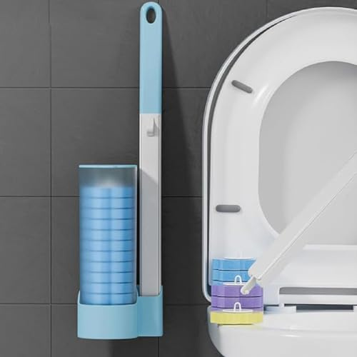 Toilettenbürste zum Einmalgebrauch, Disposable Toilet Cleaning System, Einweg Toilettenbürste Kit mit 12 Ersatzköpfen, Toilettenbürste mit Halter, WC Bürste Reinigungsmittel für Badreinigung (Blau)