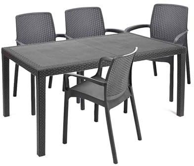 Dmora Set Salotto da Esterno Roccaraso, Salottino Outdoor e Indoor, Tavolo Rettangolare Fisso con 4 sedie impilabili, Made in Italy, Antracite