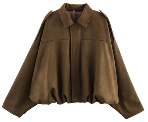 CUFEZN Bomberjacke für Damen, Kunstwildleder, Übergröße, lässig, Revers, lange Ärmel, Pilotenoberbekleidung, Mantel, Herbst 2025, trendige Kleidung, Braun, S