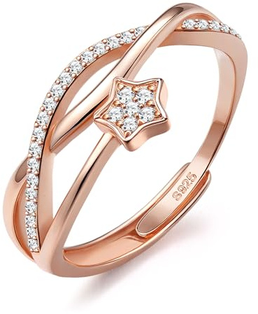 JeweBella Damring 925 Silver Justerbar Hjärta Stjärna Zirkon Kubisk Förlovning Bröllop Löfte Jubileumsring Present Kvinnor Silver Roséguld, silver-