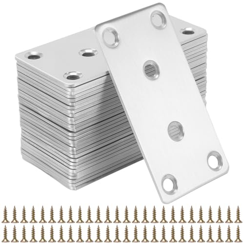 HONYUET 30 Pcs Flat Connecting Joining Plates with Screws, 80 x 40 x 2mm Metal Mending Brackets for Wood, 6 Hole, Silver