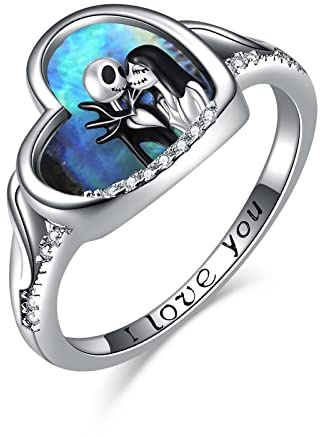 TOUPOP Christmas Gifts Nightmare Rings for Women Sterling Silver Abalone Shell Jack and Sally Rings Skull Jewelry Birthday Christmas Gifts