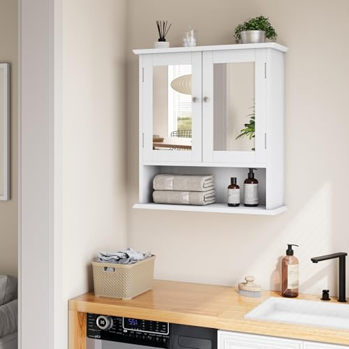 Generisch Armario de baño con espejo, armario farmacéutico blanco con estante ajustable, armario de baño en lavandería y cocina