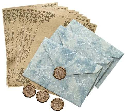 KQOZG Set di Scrittura Vintage, 16 pezzi (3 buste, 10 fogli da lettere A5, 3 adesivi con sigilli di cera), Decorata con Kraft, carta da lettere e pergamena da scrivere, per Disegni (A5)