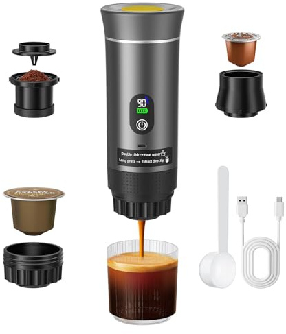 Trsaow Macchina per caffè Espresso Portatile, Macchina per Caffè Elettrica 3 in 1, Caffettiera Portatile da Campeggio, Mini Autoriscaldante, Compatibile con Caffè Macinato e Capsule (Grigio)