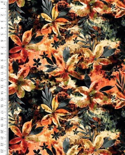 Sommersweat Meterware Blumen - French-Terry Sweatstoff Blätter - Sweat Stoff floral, Pullistoff, Dicker Jersey orange *Ab 50cm