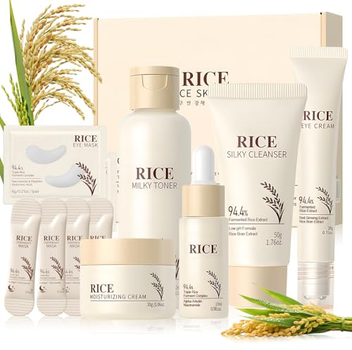 Riz Skincare Coréenne, Coffret soin Visage Femme, 11 Pièces Coffret Skincare, con Serum, Creme Visage, Rice Toner, Nettoyant Visage, Creme Yeux, Patch Yeux, Masques pour le Visage, Hydrate et Nourrit