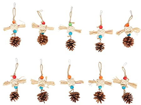 PODSJD Juguetes para Loros 10 Piezas con piñas, Madera Natural y Paja de maíz 21x12cm - Antiestrés y entretenidos, Ideales para periquitos, ninfas y Aves pequeñas
