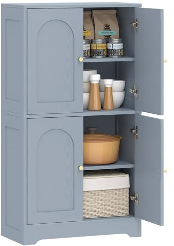 HOMCOM 110cm Kitchen Cupboard Kitchen Cabinet 4 Doors Grey | Freestanding, Arched Doors, 2 Adjustable Shelves, Modern Pantry Cupboard, Dining Room