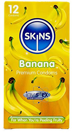 Skins Sexual Health Kondome mit Bananengeschmack, Multipack, kein Latexgeruch und zusätzliche Schmierung für maximalen Komfort und Vergnügen, dünnes Gefühl (farblos, 12 Stück, 1 Stück)