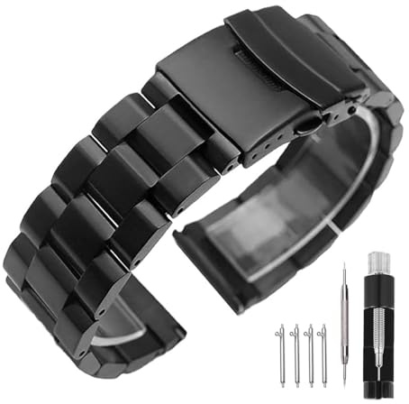 Kai Tian Uhrenarmband aus massivem Edelstahl, gebürstete Schnalle, Faltschließe, Armband für Damen und Herren, 18 mm, 20 mm, 22 mm, 24 mm, Schwarz, Silber