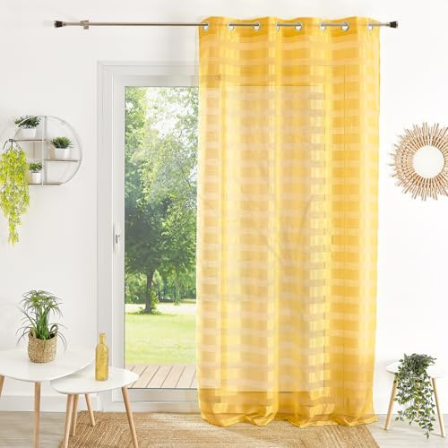 Home Maison - Tenda a righe in colore giallo - 100% poliestere - Alternanza di strisce opache e trasparenti - Occhielli tondi argento - pronta da applicare - 140 x 240 cm - Giallo